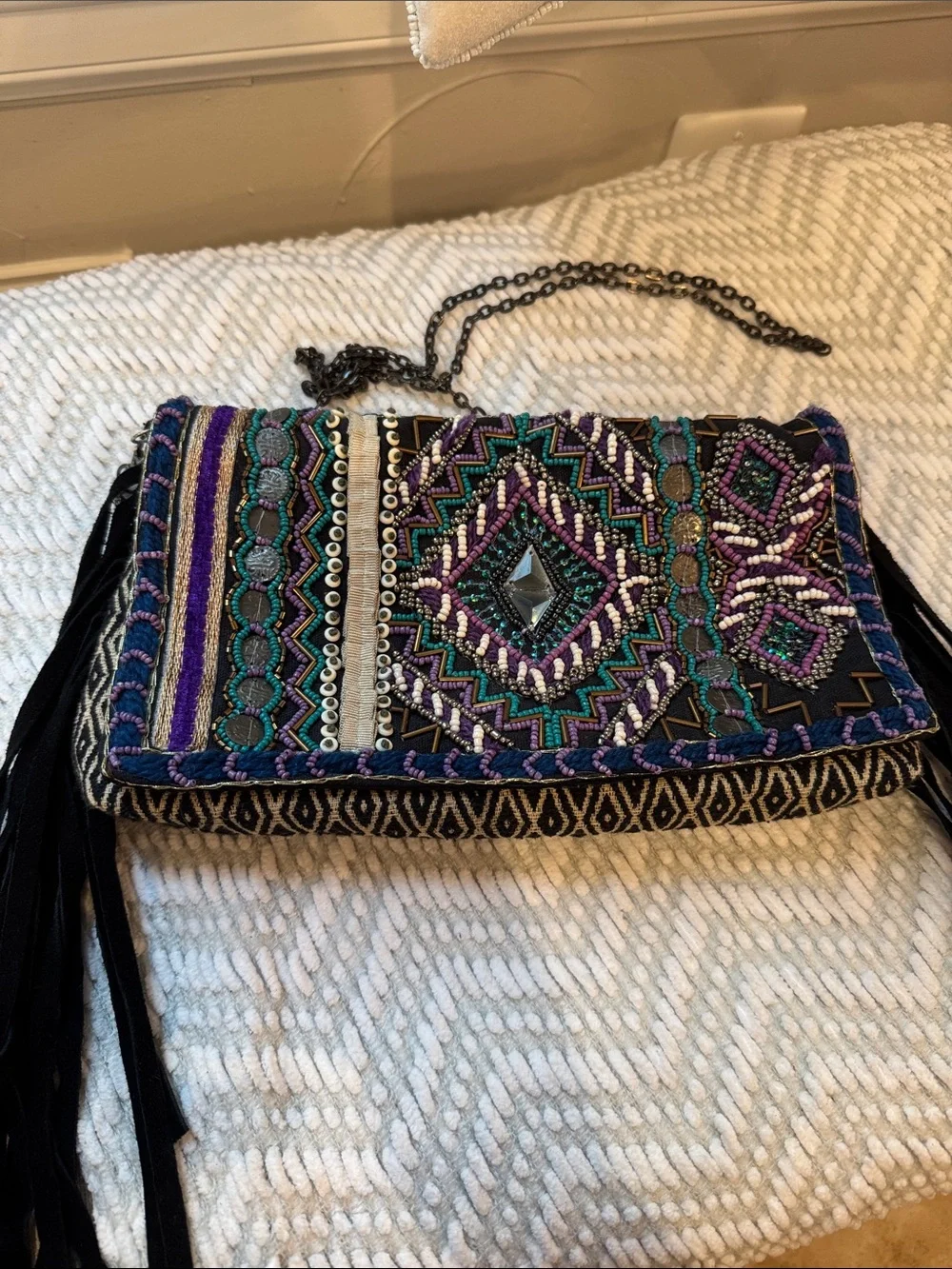 Bohemian Embroidered Fringe Crossbody Bag in Black and Multicolor